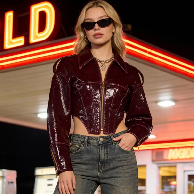 Riding Jacket Leather - Vintage Women Patent Leather Jacket Chic